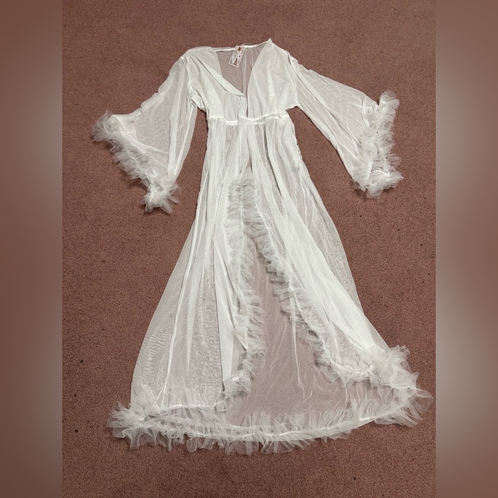 New 3xl 4xl long sheer white dress robe feather photo lingerie gown costume